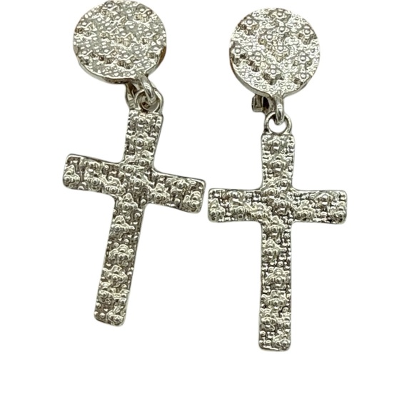 None Jewelry - Silver-Tone Textured Cross Clip-On Earrings with Comfort Backs- Like new